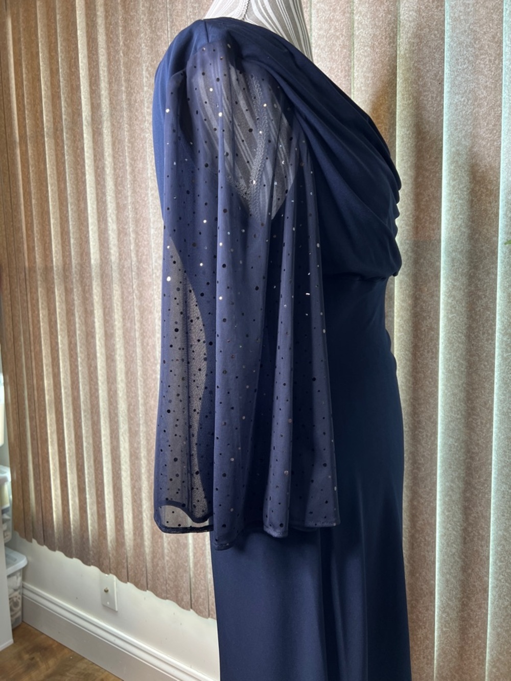 Connected Dress semi formal classic navy draping at neckline, waist, sleeves - Picture 5 of 12